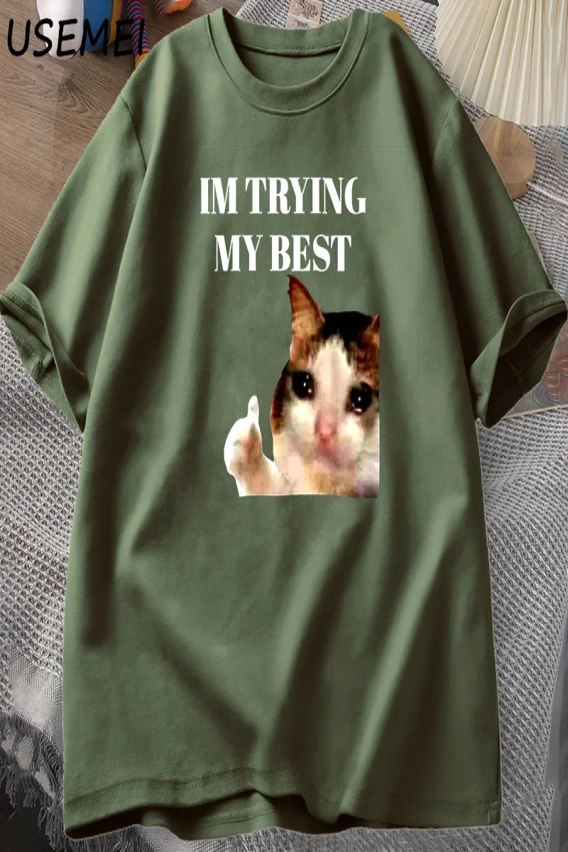 Cat Thumbs Up Crying Im Trying My Best Funny Tee Casual Cotton Short Sleeve T-Shirt Streetwe 2981
