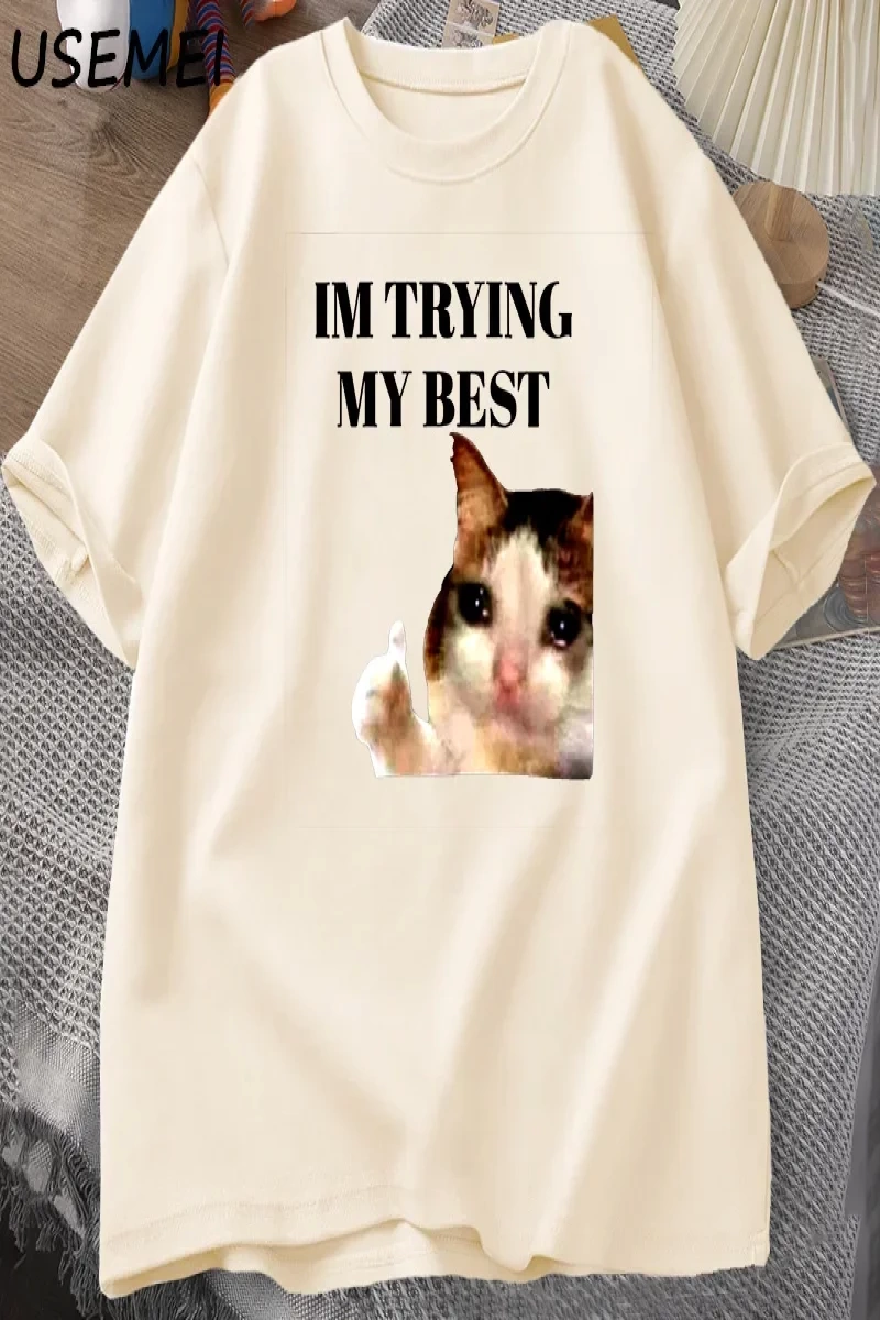 Cat Thumbs Up Crying Im Trying My Best Funny Tee Casual Cotton Short Sleeve T-Shirt Streetwe 2981
