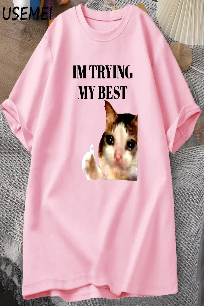 Cat Thumbs Up Crying Im Trying My Best Funny Tee Casual Cotton Short Sleeve T-Shirt Streetwe 2981