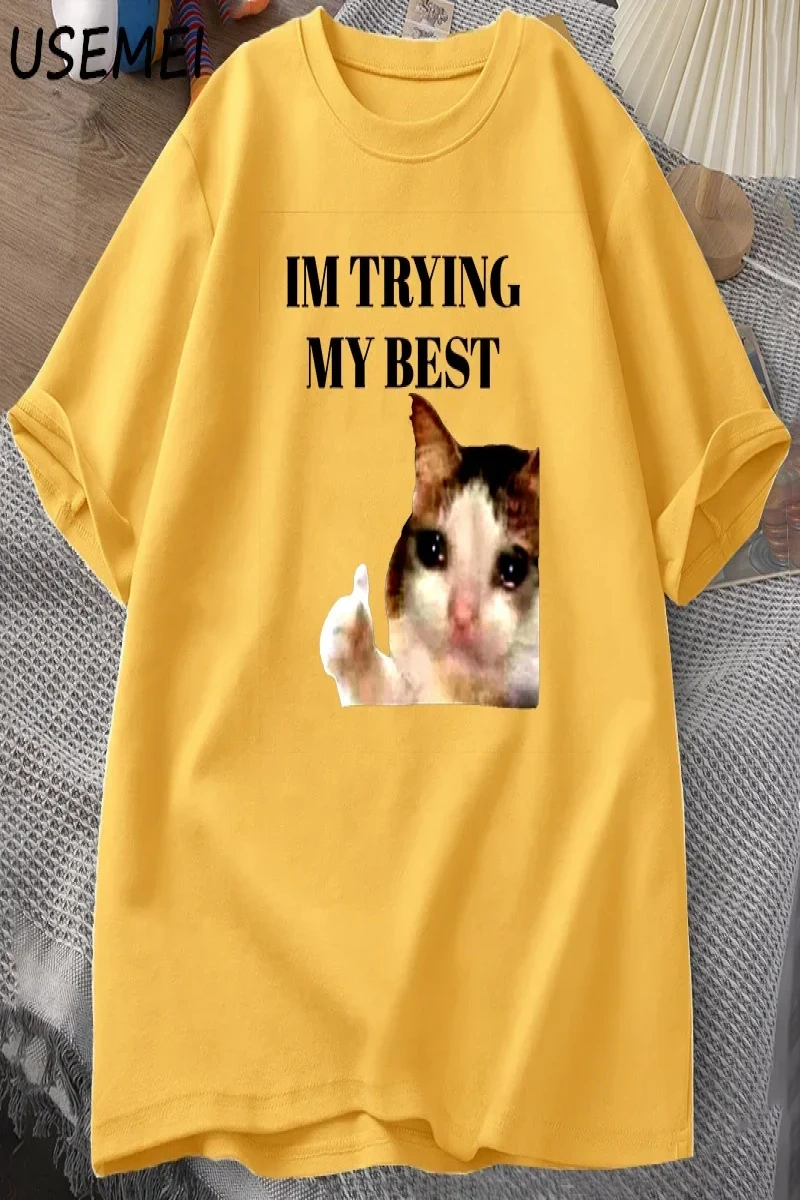 Cat Thumbs Up Crying Im Trying My Best Funny Tee Casual Cotton Short Sleeve T-Shirt Streetwe 2981