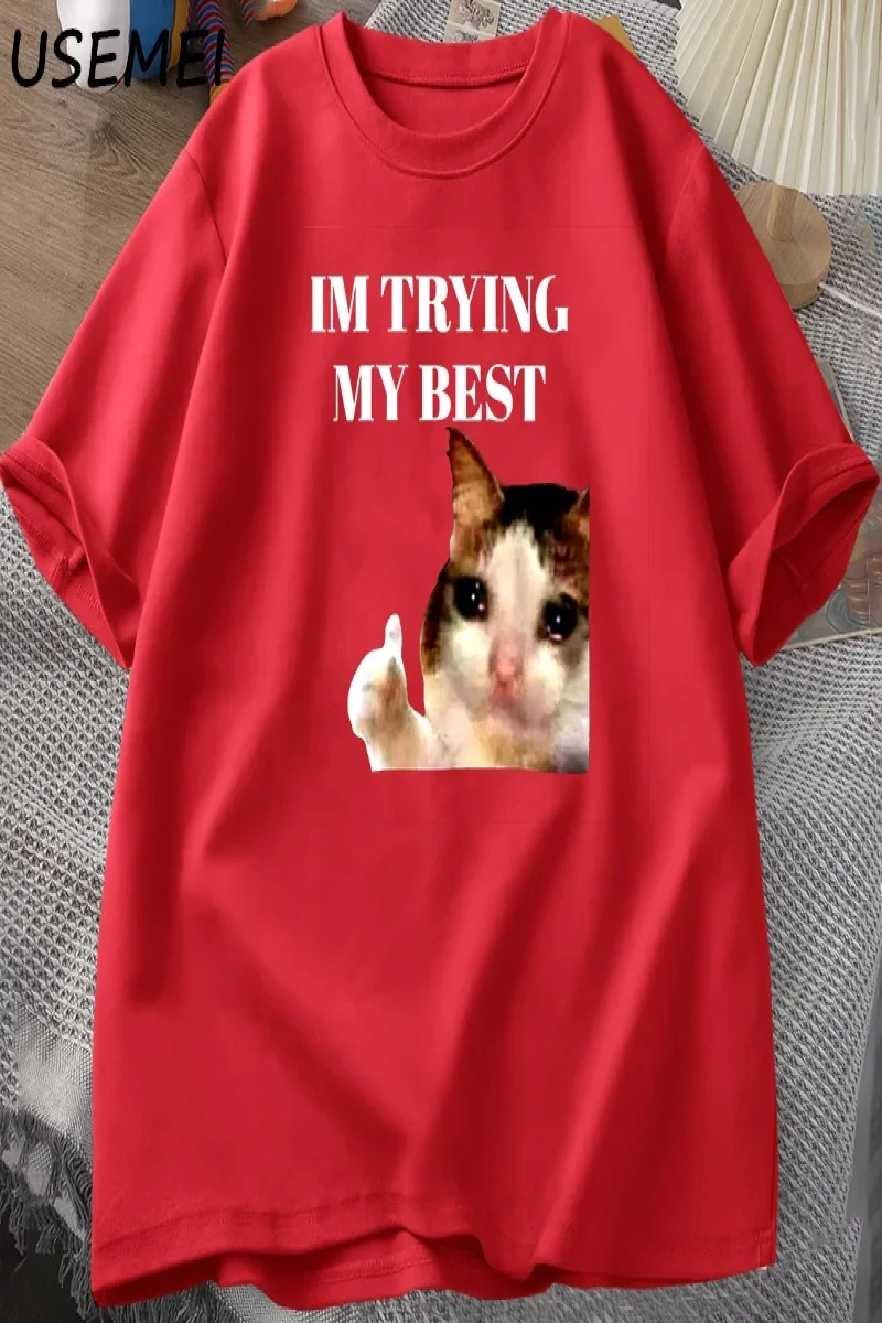 Cat Thumbs Up Crying Im Trying My Best Funny Tee Casual Cotton Short Sleeve T-Shirt Streetwe 2981