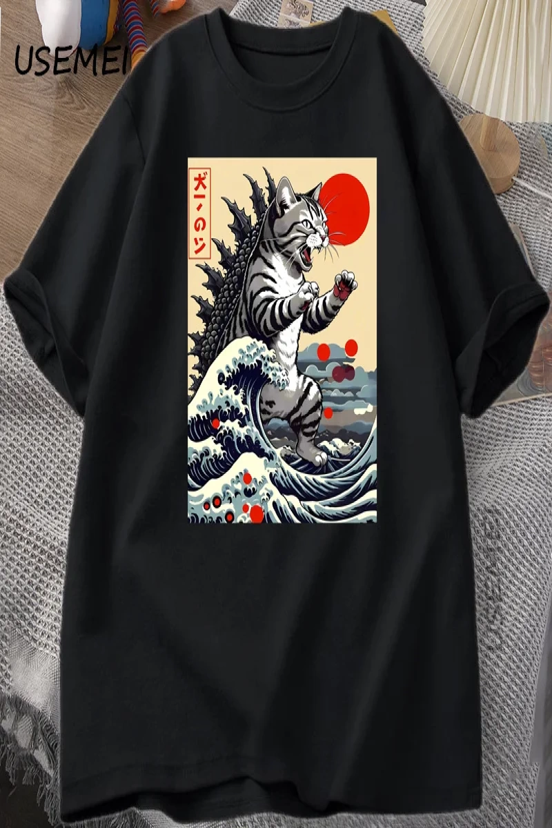 Catzilla Kedi Japon komik tişört Erkekler Kadınlar için Vintage Karikatür Baskı Rahat Rahat Y 2853