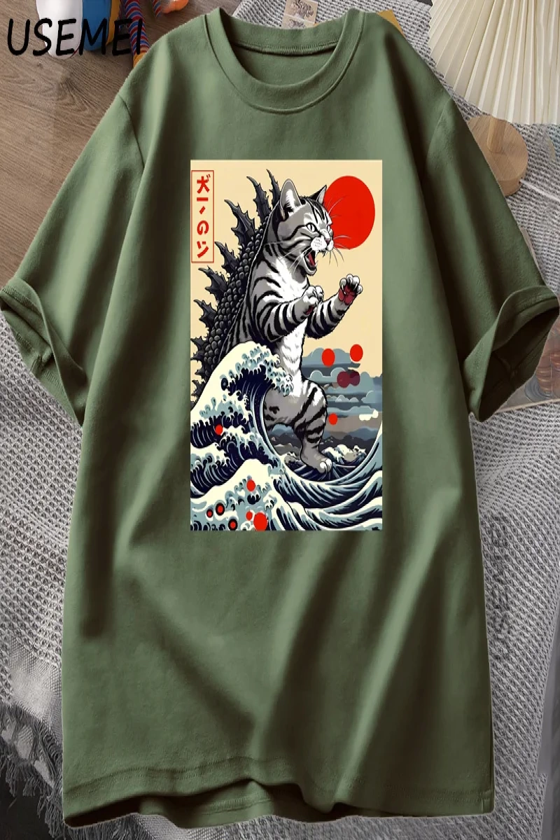 Catzilla Kedi Japon komik tişört Erkekler Kadınlar için Vintage Karikatür Baskı Rahat Rahat Y 2853