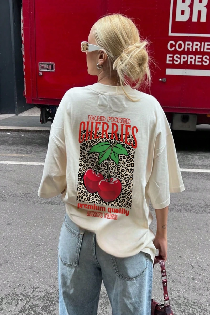 CHERRY Kadın Kiraz ve Leopar Desenli Yuvarlak Yaka Kısa Kollu Tişört, Günlük Giyim İçin Rahat