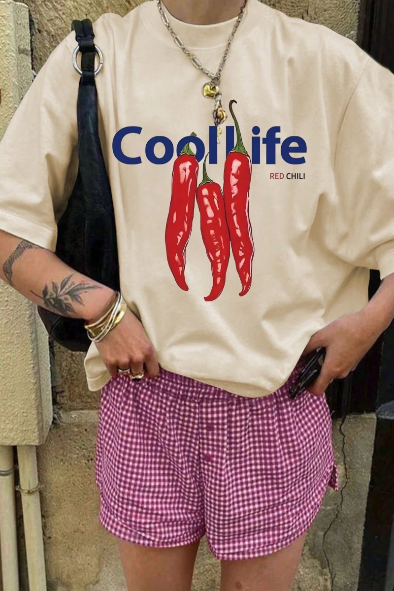Chili Desen ve COOLLIFE Harf Baskılı Kadın Günlük Moda Üstü Yaz Kısa Kollu Üstler, Yaz Kadın