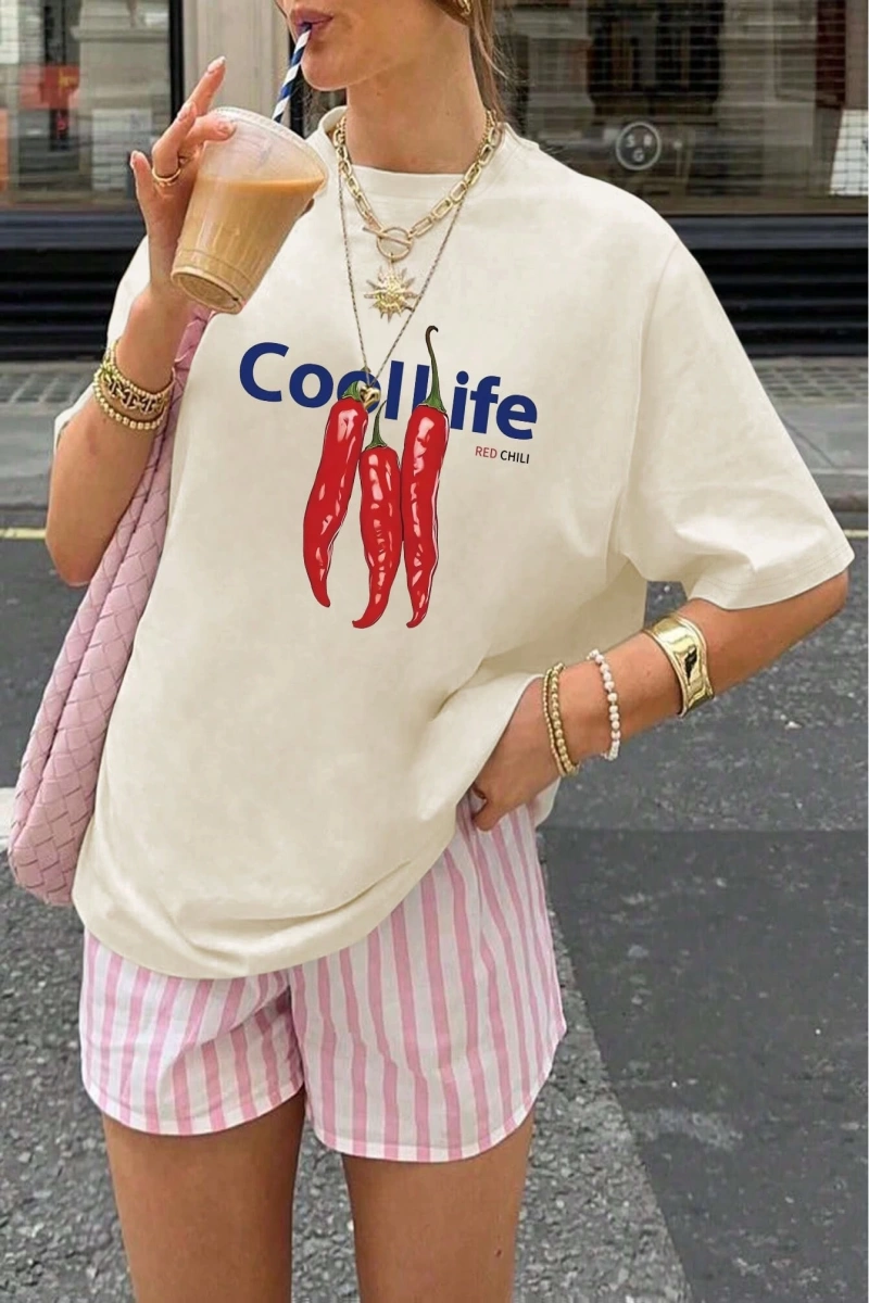 Chili Desen ve COOLLIFE Harf Baskılı Kadın Günlük Moda Üstü Yaz Kısa Kollu Üstler, Yaz Kadın