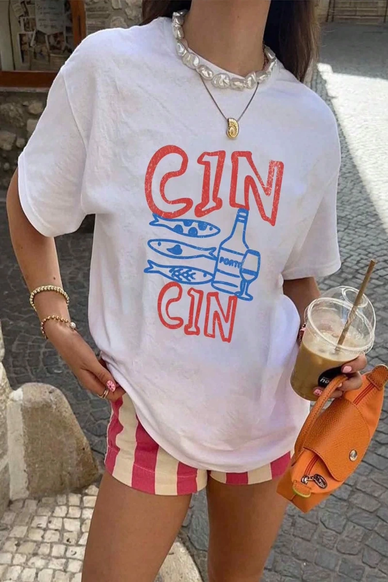 Çiçekli Ekose Desenli Yazlık Bayan %100 Pamuklu Kısa Kollu, Beyaz Üstler, Grafik Tişörtler, P