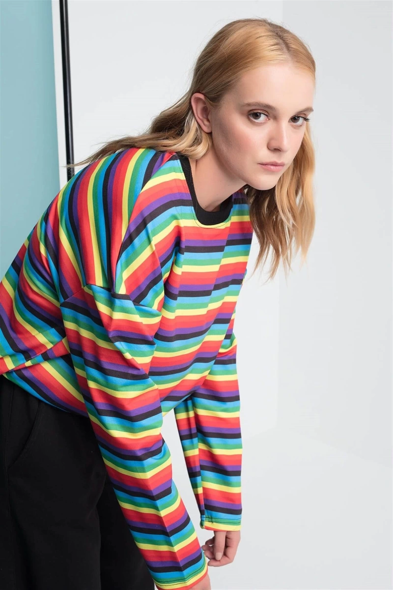 Çizgili Yuvarlak Yaka Kırmızı Sarı Sweatshirt Hoodie