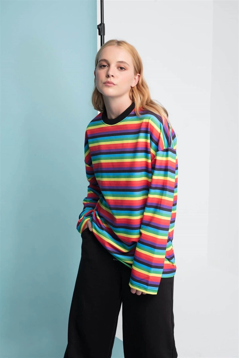 Çizgili Yuvarlak Yaka Kırmızı Sarı Sweatshirt Hoodie