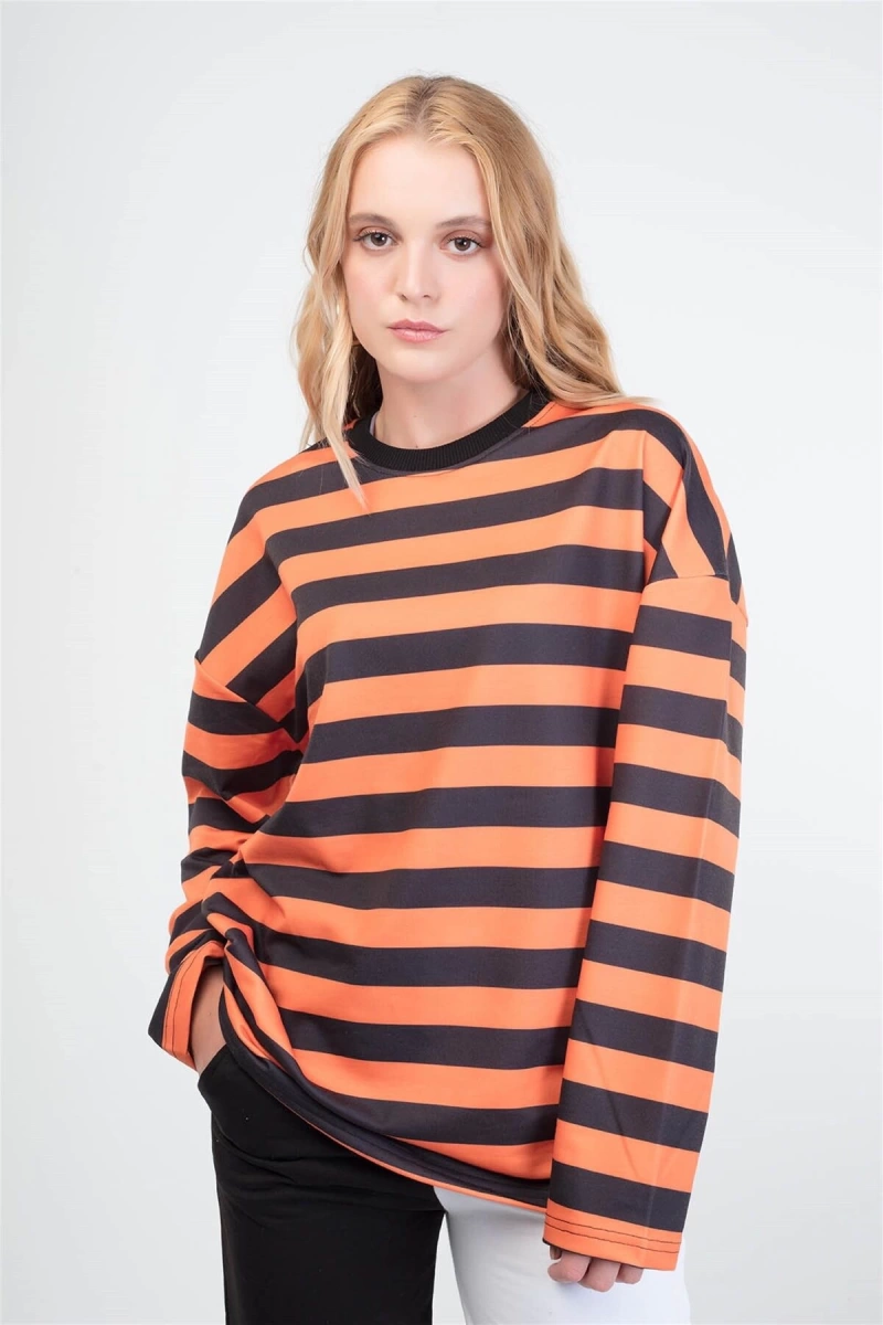 Çizgili Yuvarlak Yaka Turuncu Sweatshirt Hoodie