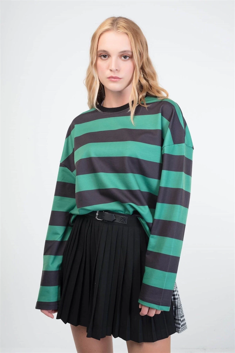 Çizgili Yuvarlak Yaka Yeşil Sweatshirt Hoodie