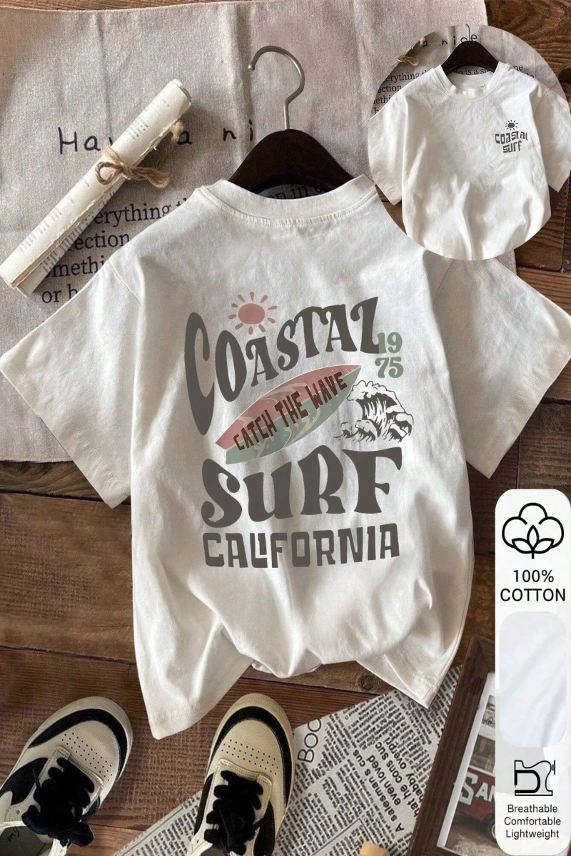 COASTAL SURF California Baskı Yazlık Bayan %100 Pamuklu Kısa Kollu, Günlük Kadın Giyim, Günlü