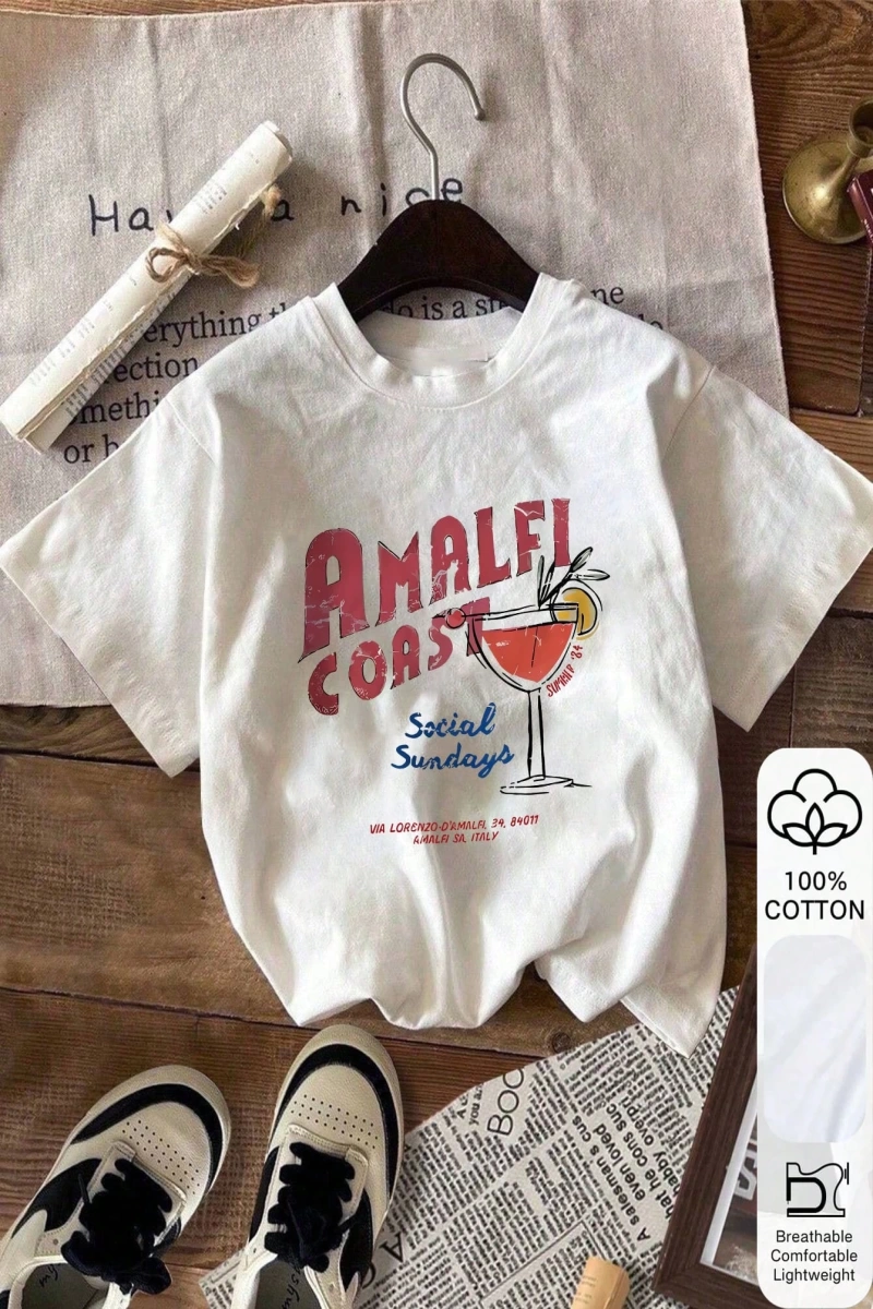 COASTAL SURF California Baskı Yazlık Bayan %100 Pamuklu Kısa Kollu, Günlük Kadın Giyim, Günlü