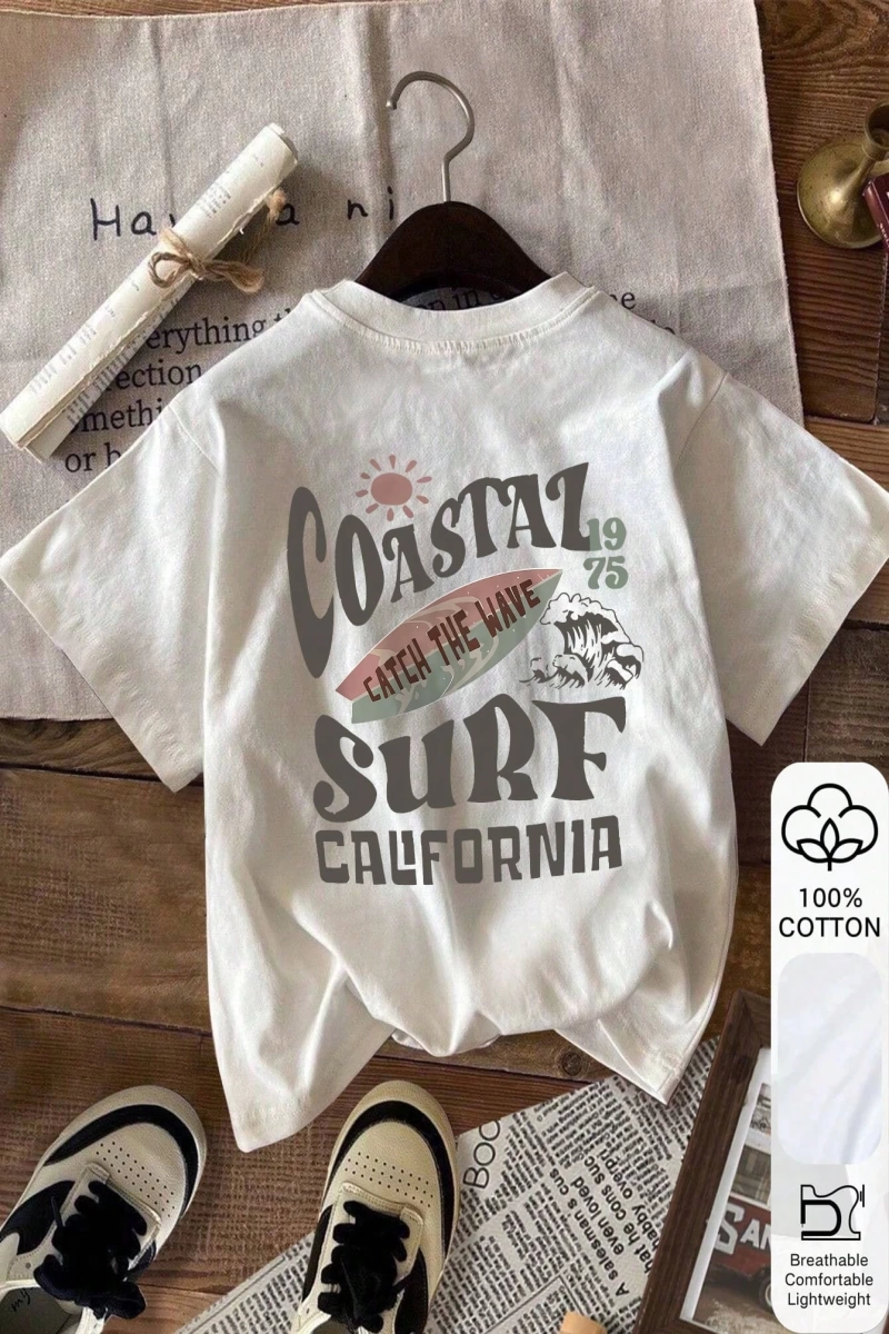 COASTAL SURF California Baskı Yazlık Bayan %100 Pamuklu Kısa Kollu, Günlük Kadın Giyim, Günlü