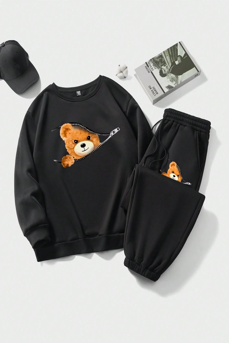 Coffee Bear & Smiling Face Grafik Rahat Yuvarlak Yaka Kadın Büyük Beden Uzun Kollu Swe
