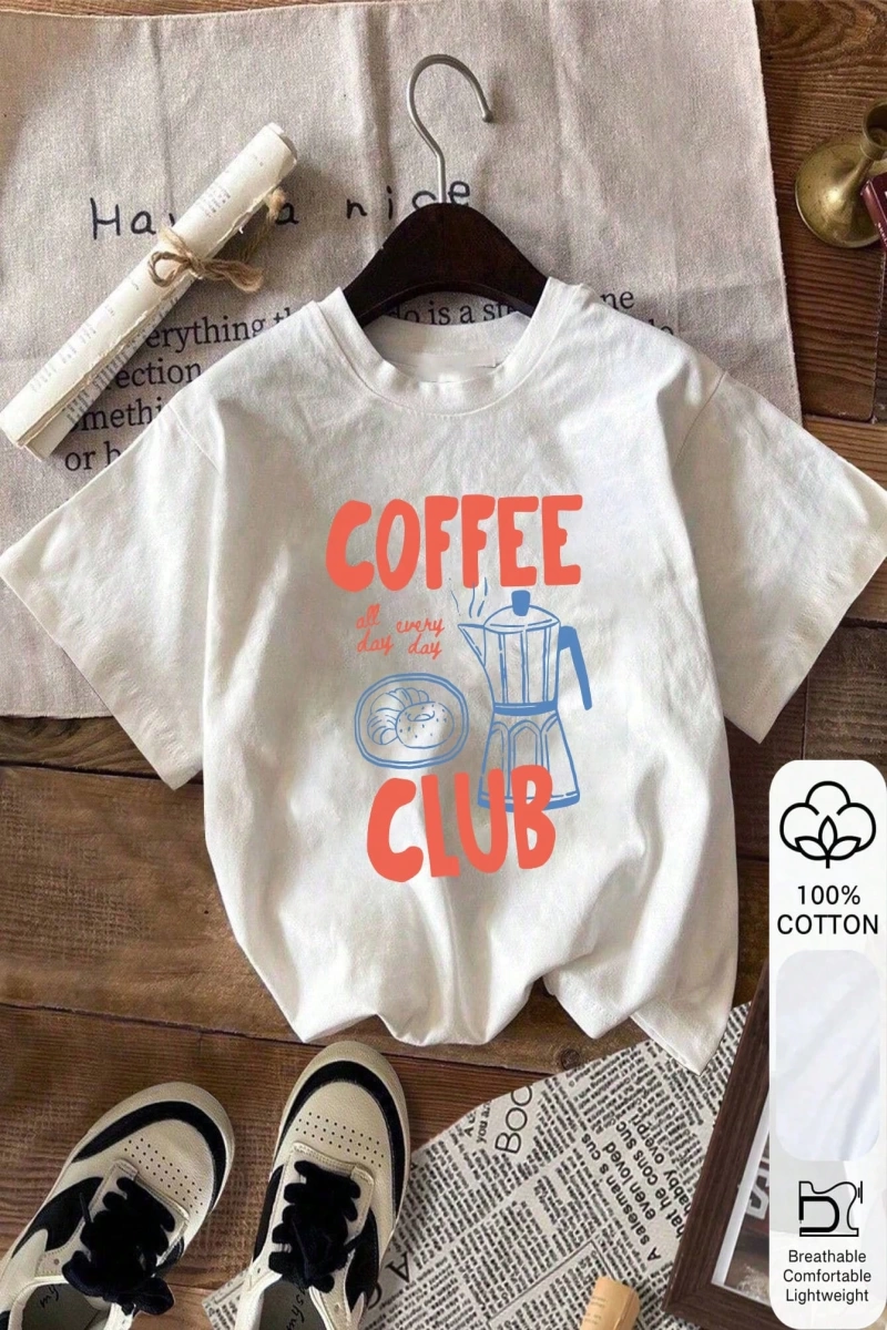 Coffee Club Baskı, Yaz Kadın %100 Pamuklu Kısa Kollu, Beyaz Kısa Kollu, Grafik Tişört, Beyaz