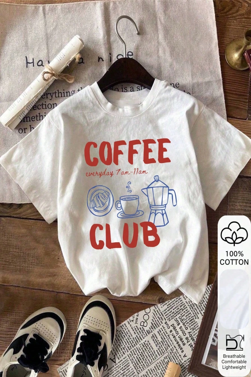 Coffee Club Baskı Yazlık Bayan %100 Pamuk Kısa Kollu, Beyaz Üst, Grafik Tişört, Pamuklu Tişör