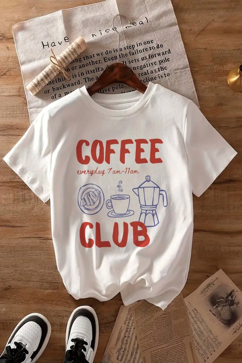Coffee Club Baskı Yazlık Bayan %100 Pamuk Kısa Kollu, Beyaz Üst, Grafik Tişört, Pamuklu Tişör