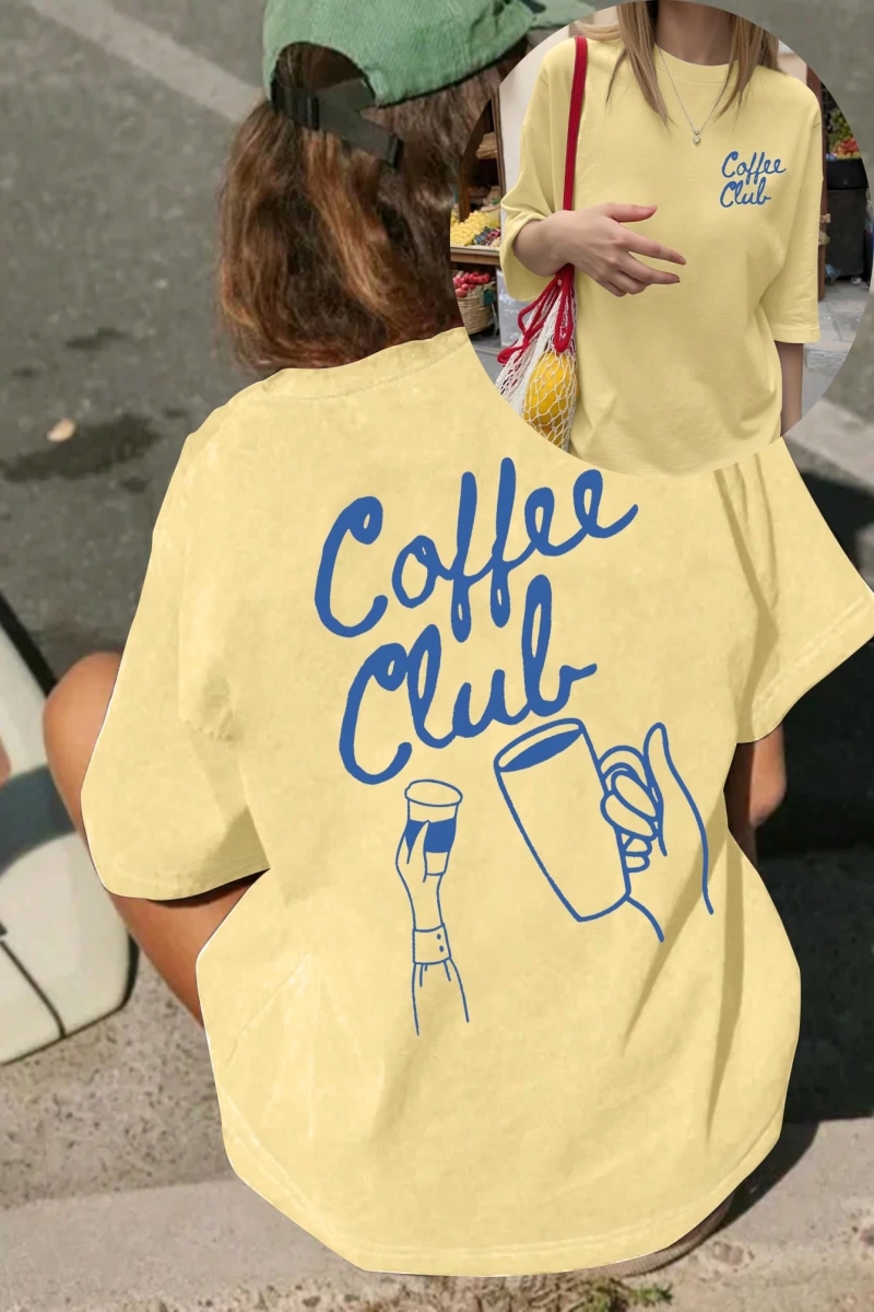 Coffee Club Baskılı Yazlık Kadın Büyük Boy Kısa Kollu Üst, Günlük Kadın Giyim, Yazlık Tişört,