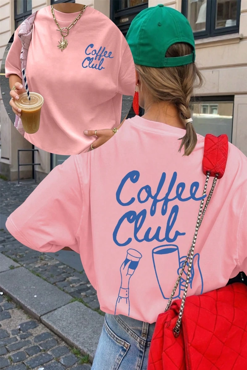 Coffee Club Baskılı Yazlık Kadın Büyük Boy Kısa Kollu Üst, Günlük Kadın Giyim, Yazlık Tişört,