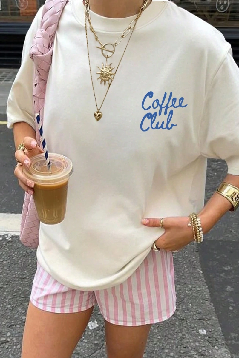 Coffee Club Baskılı Yazlık Kadın Büyük Boy Kısa Kollu Üst, Günlük Kadın Giyim, Yazlık Tişört,