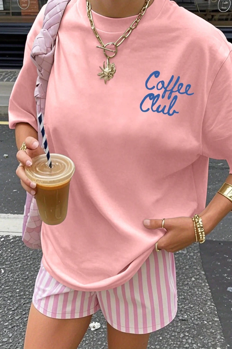 Coffee Club Baskılı Yazlık Kadın Büyük Boy Kısa Kollu Üst, Günlük Kadın Giyim, Yazlık Tişört,