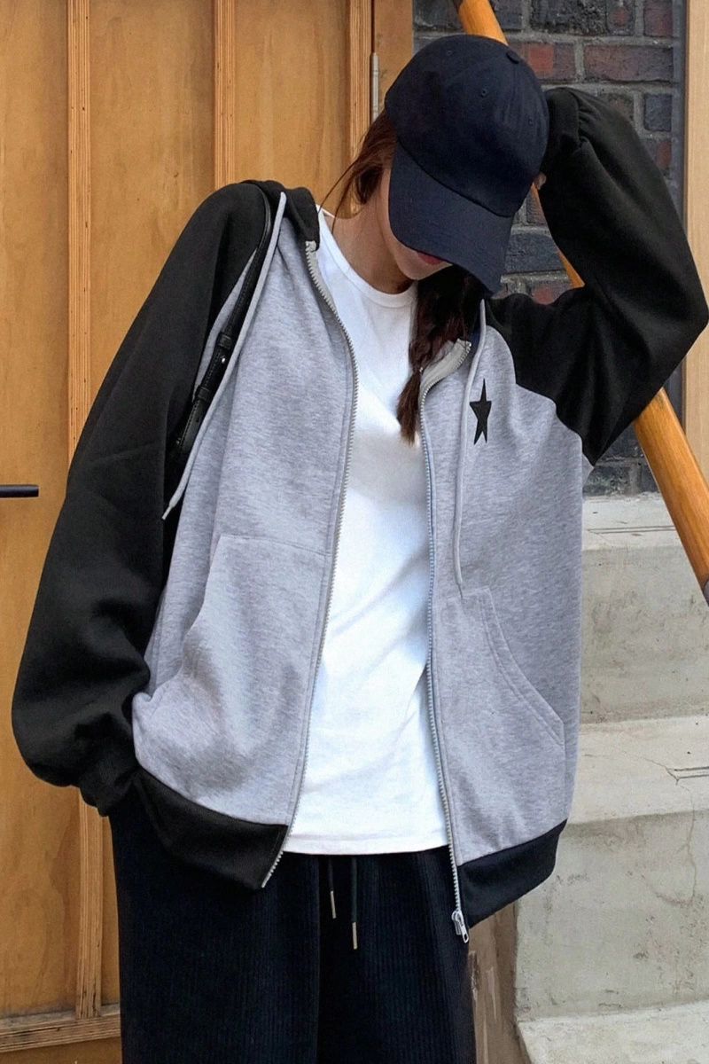 Colorblock Yıldız Desenli Fermuarlı Kapüşonlu Y2k, Uzun Kollu Üstler Model 5184