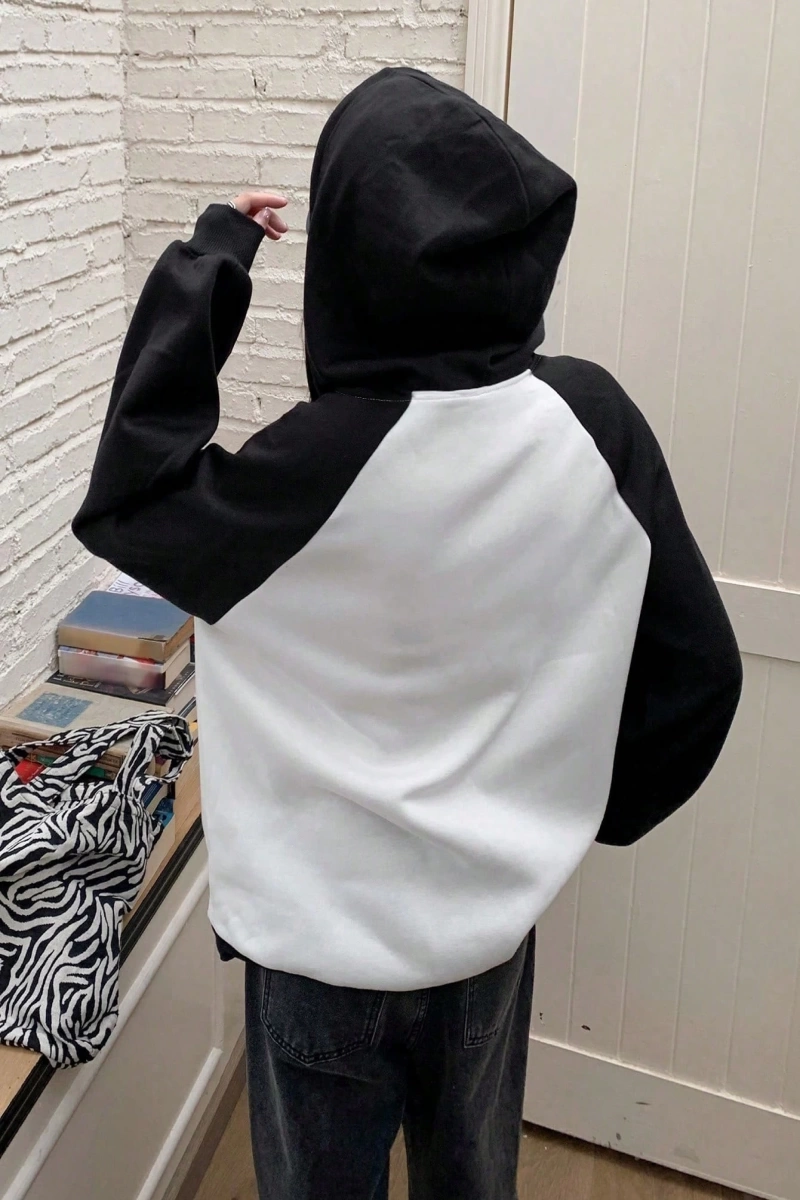 Colorblock Yıldız Desenli Fermuarlı Kapüşonlu Y2k, Uzun Kollu Üstler Model 5184