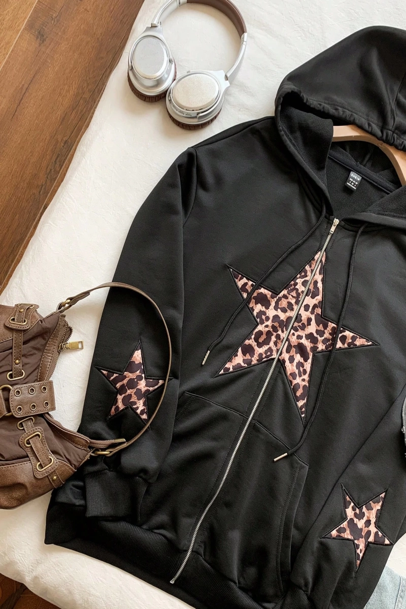 Comfortcana Kadın Kapşonlu Sweatshirt Leopar Yıldız Yamaları ve Bağcıklı Model 5203