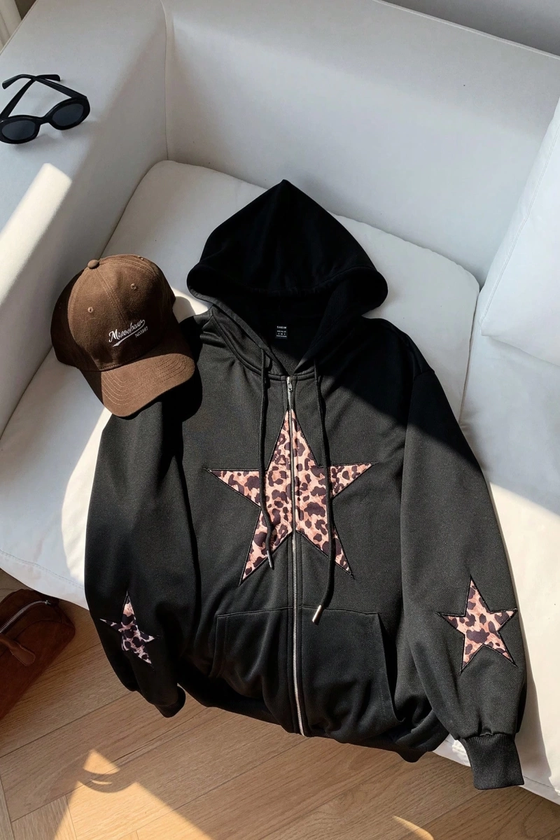 Comfortcana Kadın Kapşonlu Sweatshirt Leopar Yıldız Yamaları ve Bağcıklı Model 5203