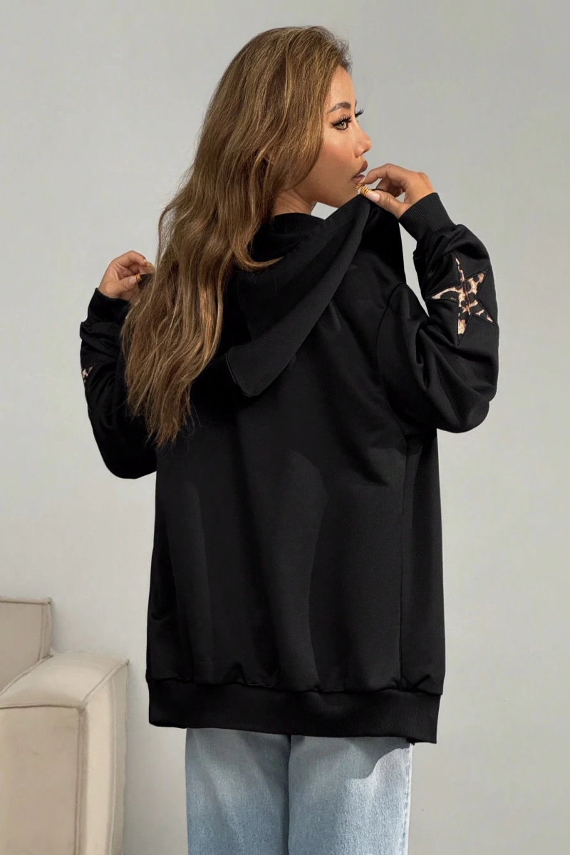 Comfortcana Kadın Kapşonlu Sweatshirt Leopar Yıldız Yamaları ve Bağcıklı Model 5203