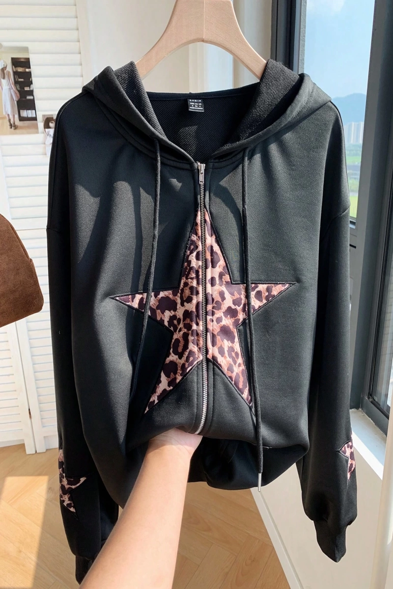 Comfortcana Kadın Kapşonlu Sweatshirt Leopar Yıldız Yamaları ve Bağcıklı Model 5203