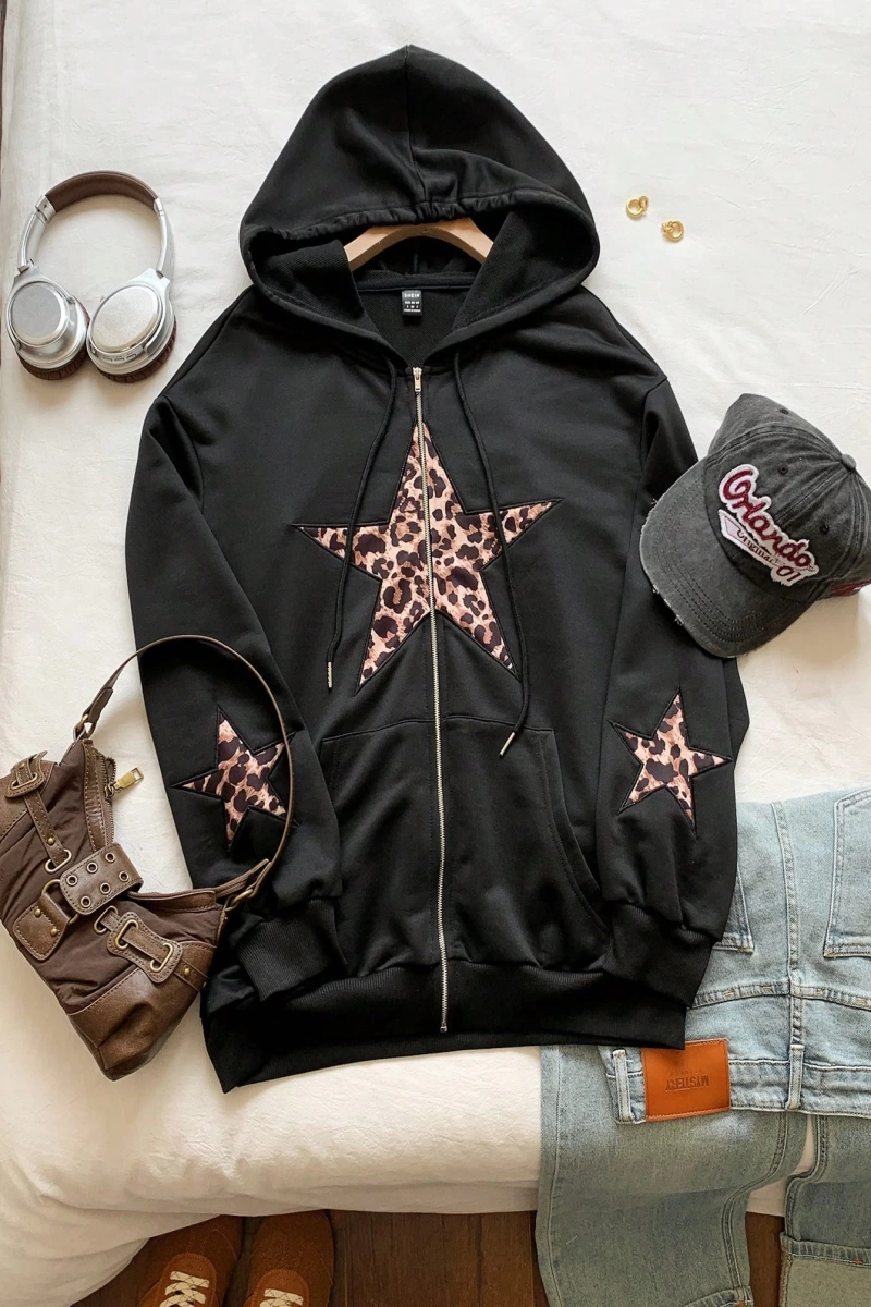 Comfortcana Kadın Kapşonlu Sweatshirt Leopar Yıldız Yamaları ve Bağcıklı Model 5203