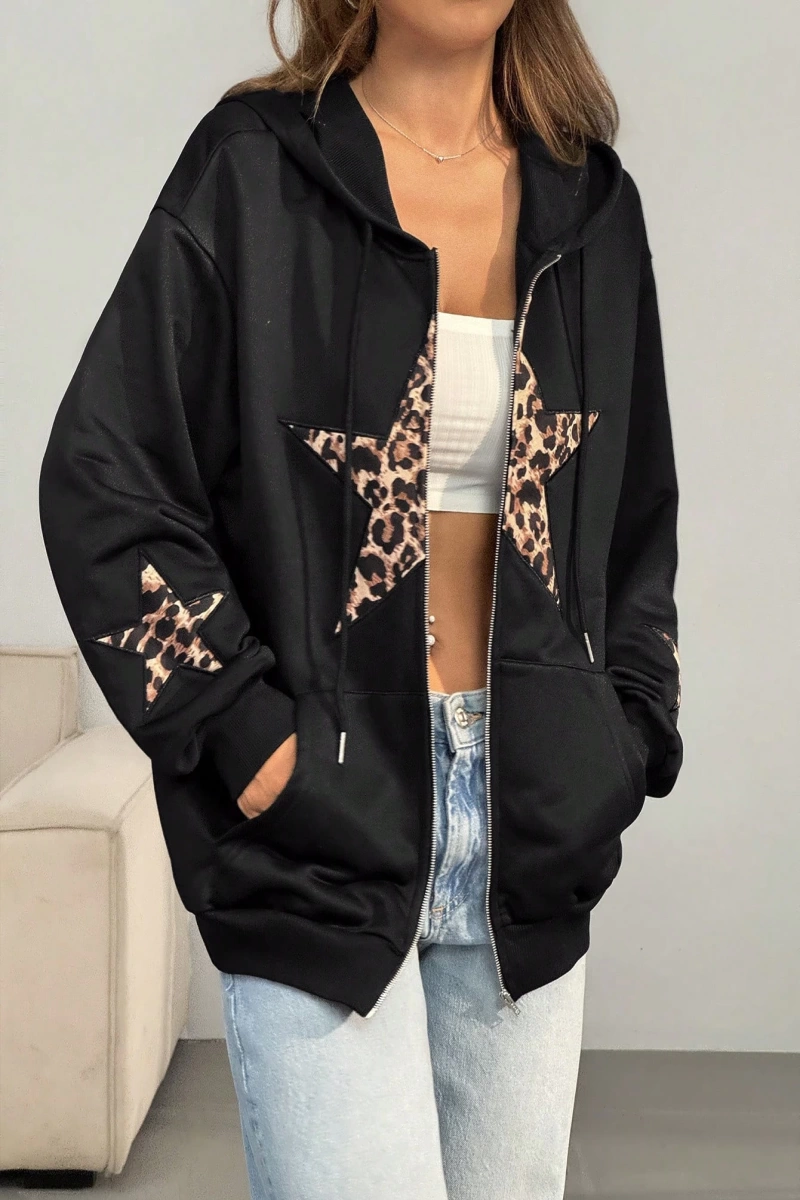 Comfortcana Kadın Kapşonlu Sweatshirt Leopar Yıldız Yamaları ve Bağcıklı Model 5203