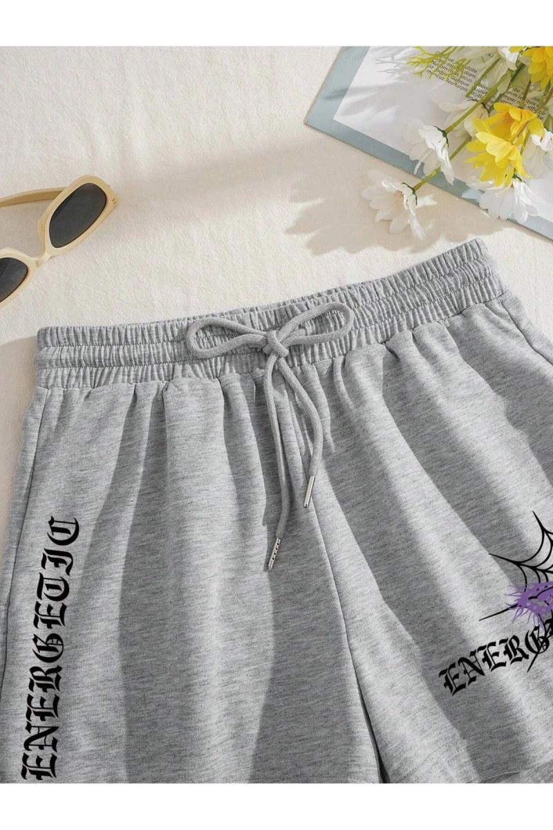 Coolane Butterfly & Letter Graphic Drawstring Waist Şort