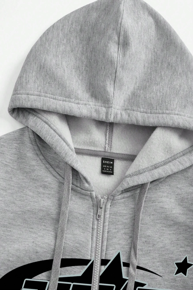 Coolane Casual Star & Letter Loose Fit Bağcıklı Kapşonlu Fermuarlı Sweatshirt Kadınlar İçin,  Model 5164