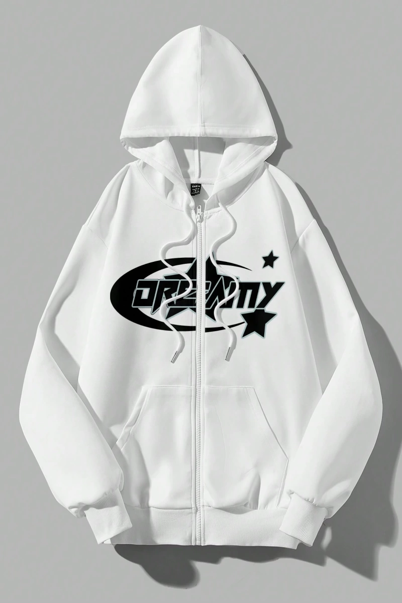 Coolane Casual Star & Letter Loose Fit Bağcıklı Kapşonlu Fermuarlı Sweatshirt Kadınlar İçin,  Model 5149