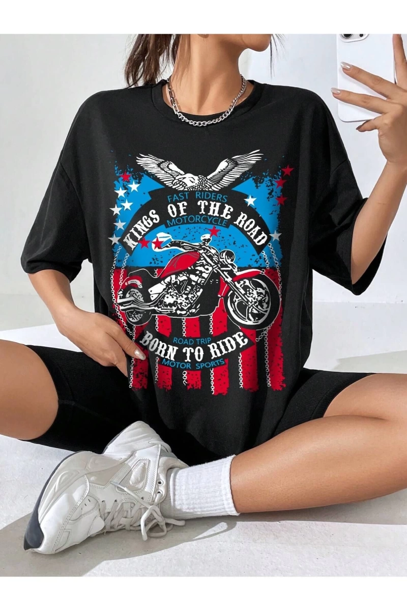 Coolane Motosiklet ve Slogan Grafikli Düşük Omuzlu Büyük Boy Tişört