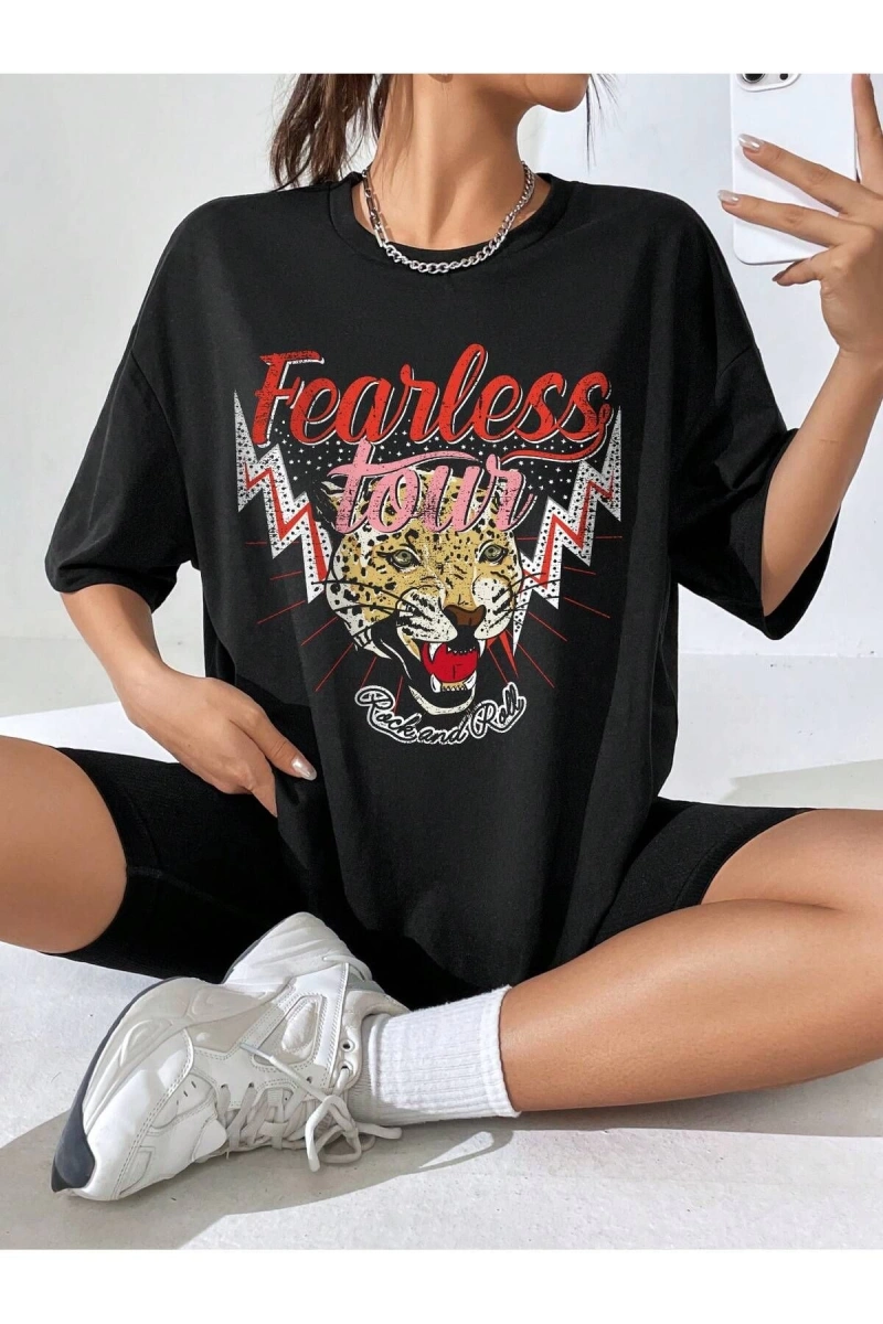 Coolane Tiger Ve Harf Grafikli Düşük Omuzlu Oversize Tişört