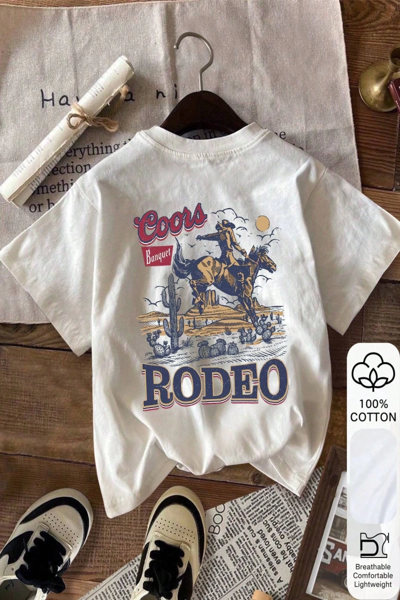 Coors Rodeo Baskı, Yaz Kadın %100 Pamuk Kısa Kollu, Beyaz Kısa Kollu, Grafik Tişört, Beyaz Ya