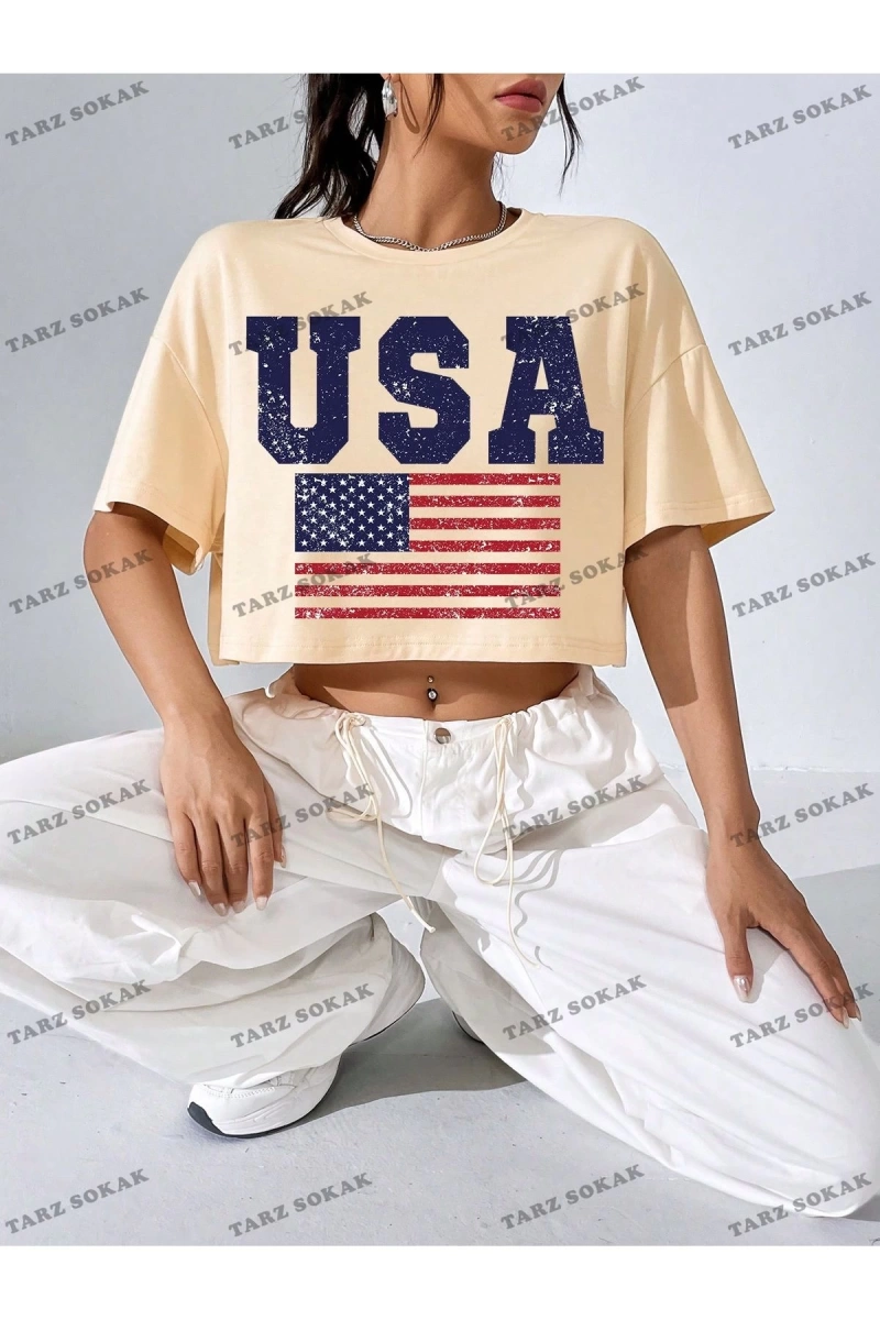Crop CKOD-232913 Americana Bayrağı Baskılı Damla Omuz Kısa
