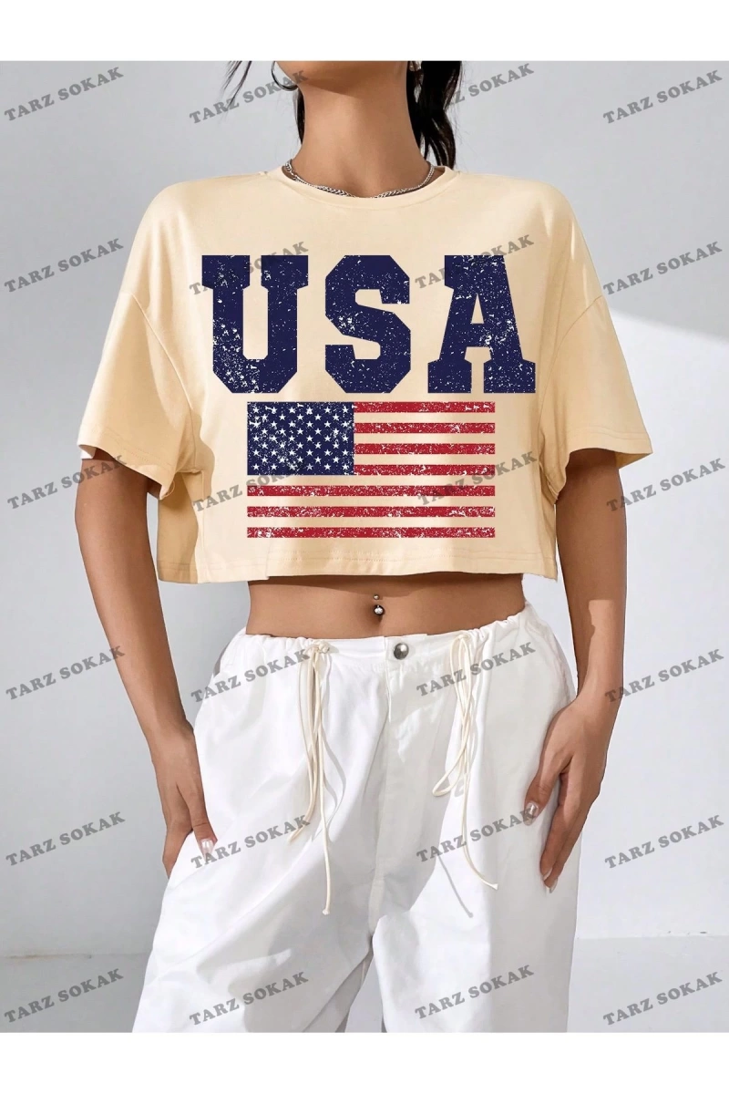 Crop CKOD-232913 Americana Bayrağı Baskılı Damla Omuz Kısa