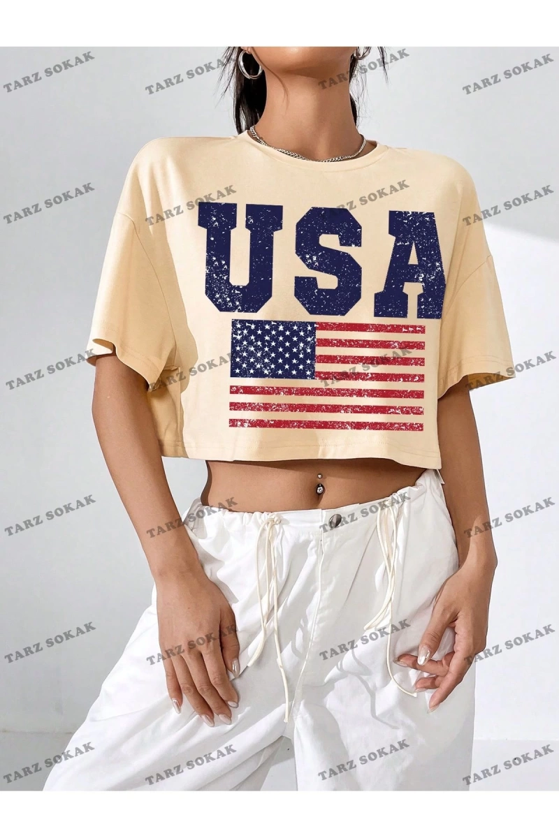 Crop CKOD-232913 Americana Bayrağı Baskılı Damla Omuz Kısa