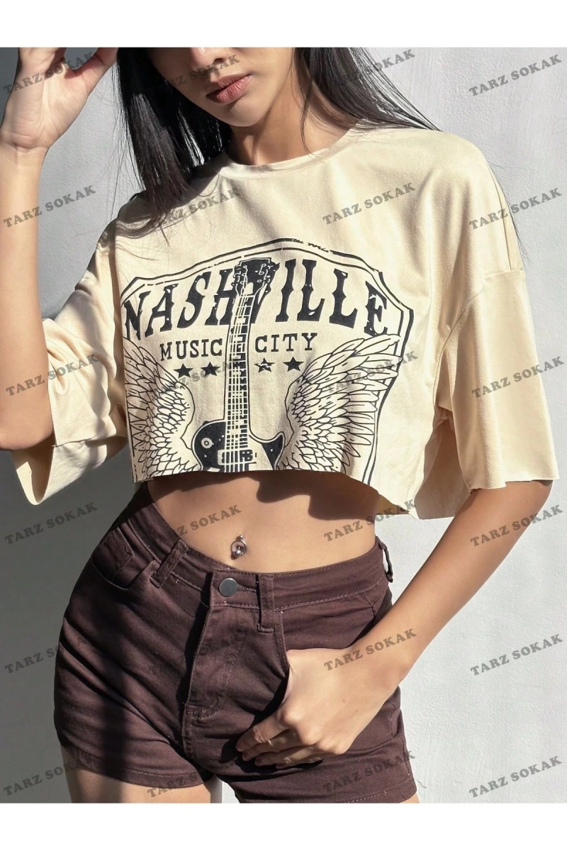 Crop CKOD-232913 Kadın Yazılı Kanat Desenli Yuvarlak Yaka