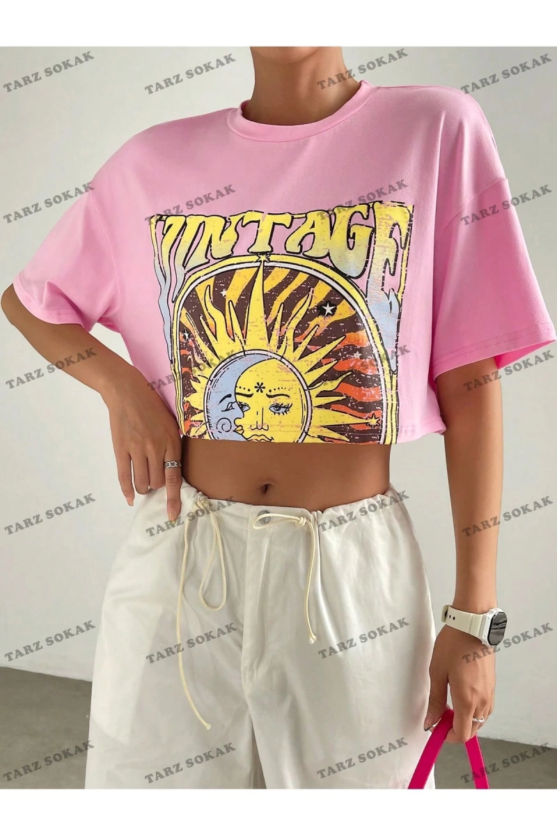 Crop CKOD-232913 Sun & Letter Grafikli Düşük Omuz Kısa