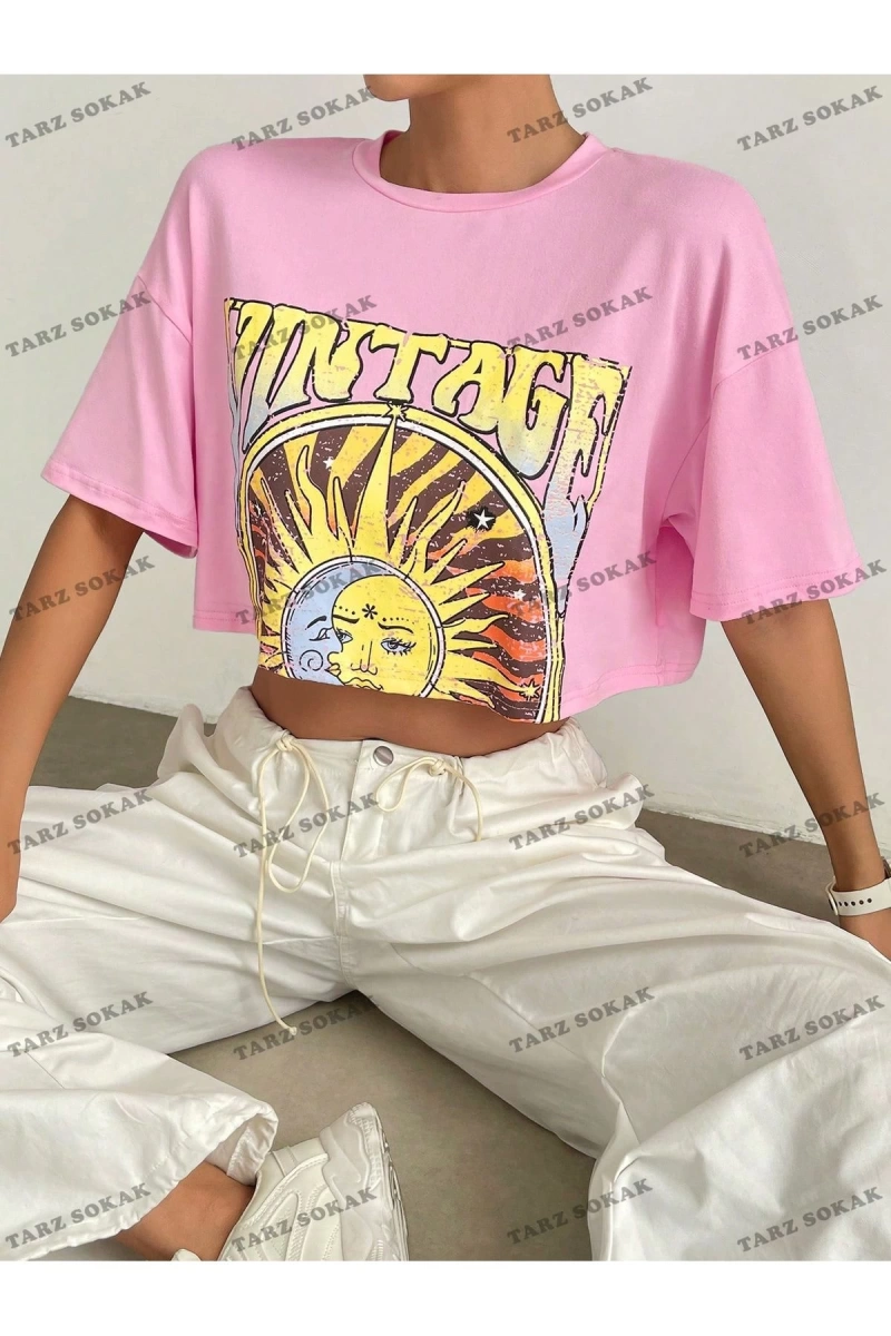 Crop CKOD-232913 Sun & Letter Grafikli Düşük Omuz Kısa