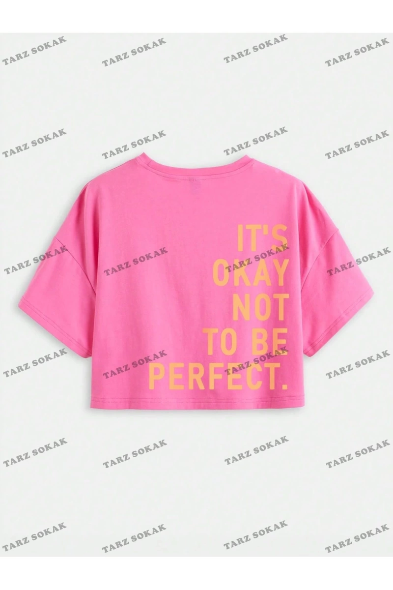 Crop CKOD-232913 Yazılı Baskılı Yuvarlak Yaka Oversize Kısa Kollu Yaza Uygun Kadın