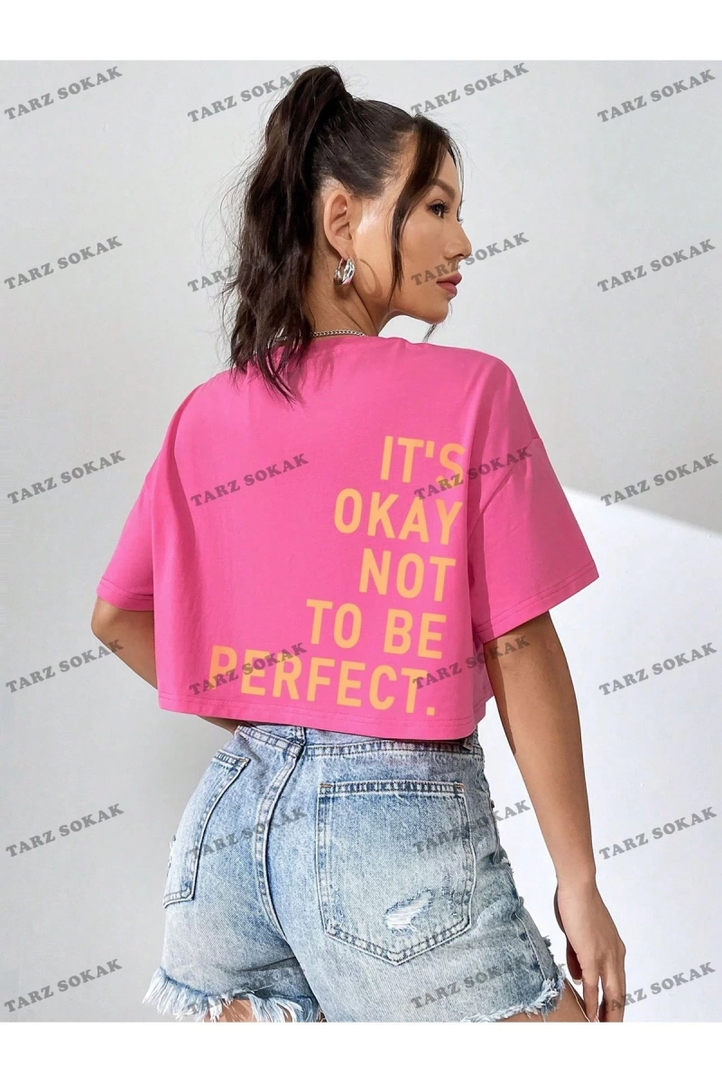 Crop CKOD-232913 Yazılı Baskılı Yuvarlak Yaka Oversize Kısa Kollu Yaza Uygun Kadın