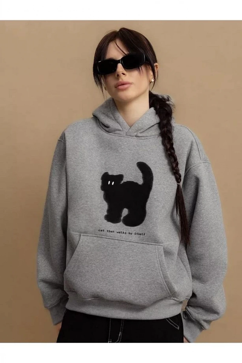 Cupla Unisex Cat That Walks By Itself Sweatshirt Gri