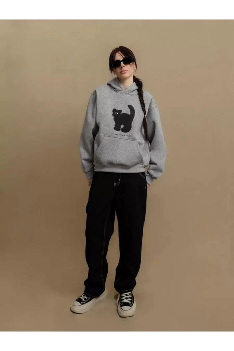 Cupla Unisex Cat That Walks By Itself Sweatshirt Gri